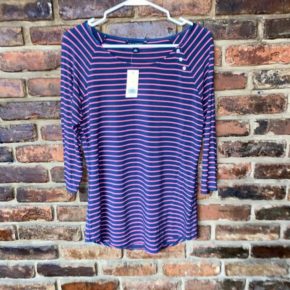 NWT Banana Republic Button Shoulder Navy Blue Pink Stripe Top Women's Size Large - Picture 1 of 6